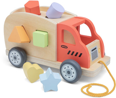Woet® Formenwagen aus Holz – Sortierwagen mit Formblöcken – Ziehfigur und Formensortierer in einem – Lernspielzeug – Montessori-Spielzeugfahrzeug – ab 1 Jahr