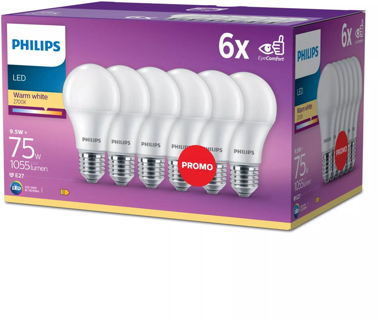 Philips LED-Energiesparlampe matt - 75 W - E27 - warmweißes Licht - 6 Stück - Energiekosten sparen
