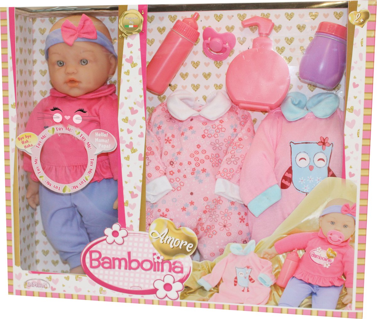 Dimian-Puppe mit Babygeräuschen und Kleidung – Amore – 40 cm.