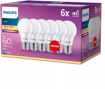 Philips LED-Energiesparlampe matt – 60 W – E27 – warmweißes Licht – 6 Stück – Energiekosten sparen