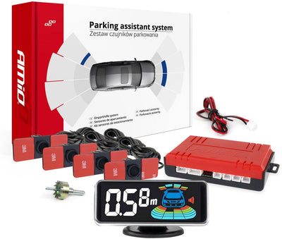 Amio Parksensor Parkassistenzsystem – 4 Klebesensoren Piepser-Bildschirm – Schwarz