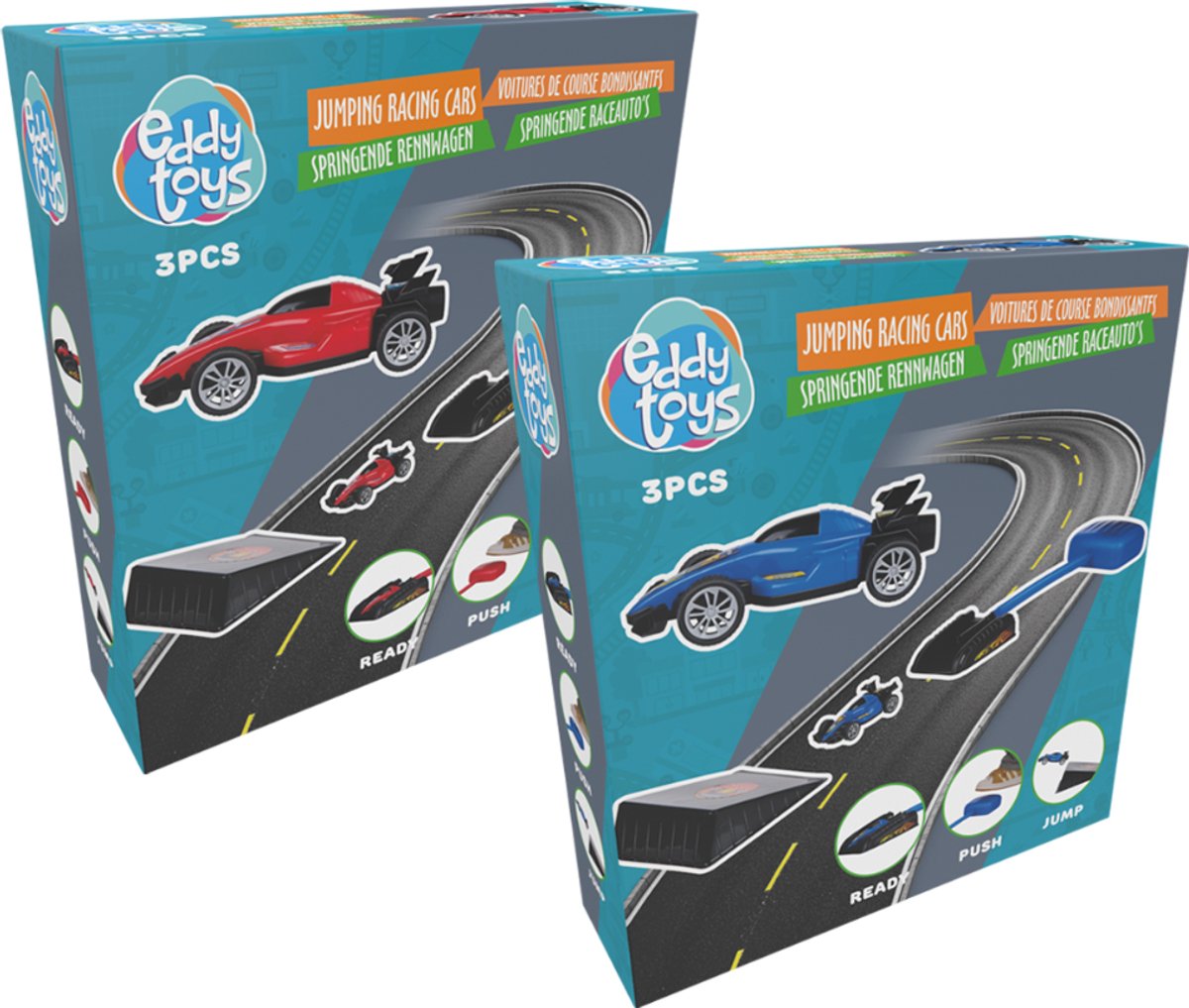 Eddy Toys Spring-Rennwagen-Set – Rennwagen starten – Spielzeugauto mit Werfer und Rampe – 3-teiliges Set – Rot oder Blau – 1 zufällige Farbe