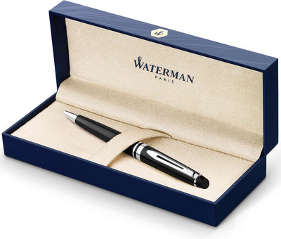 Waterman Expert Kugelschreiber | glänzendes Schwarz mit Chromrand | mittlerer Punkt | blaue Tinte | mit Geschenkbox
