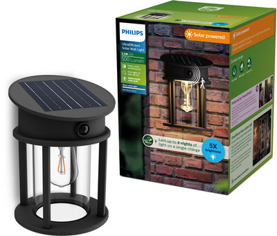 Philips LED Philips Geri Wandleuchte – ultraeffiziente LED – Solar-Außenleuchte – warmweißes Licht 2700 K – Schwarz – rundes Design – Bewegungssensor – Solarenergie – Dämmerungssensor