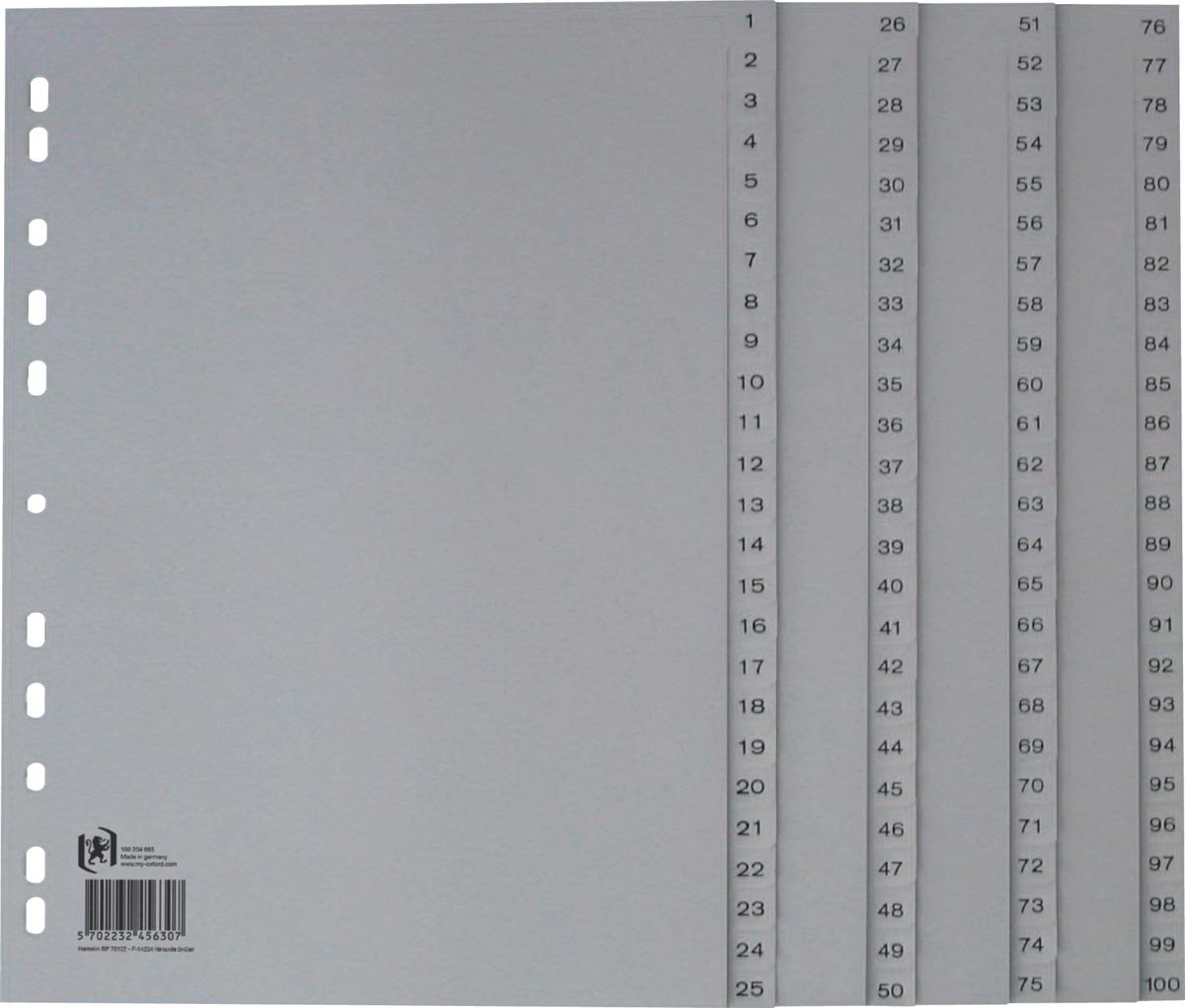Oxford-Tabs, A4, aus PP, 11-Loch-Lochung, 100 nummerierte Tabs, grau