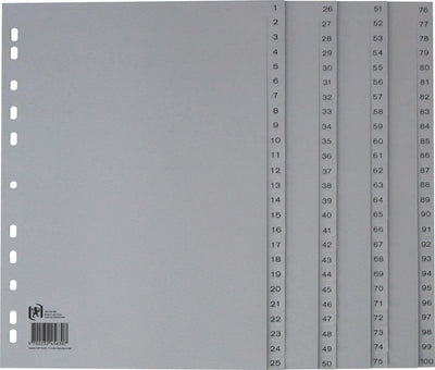 Oxford-Tabs, A4, aus PP, 11-Loch-Lochung, 100 nummerierte Tabs, grau