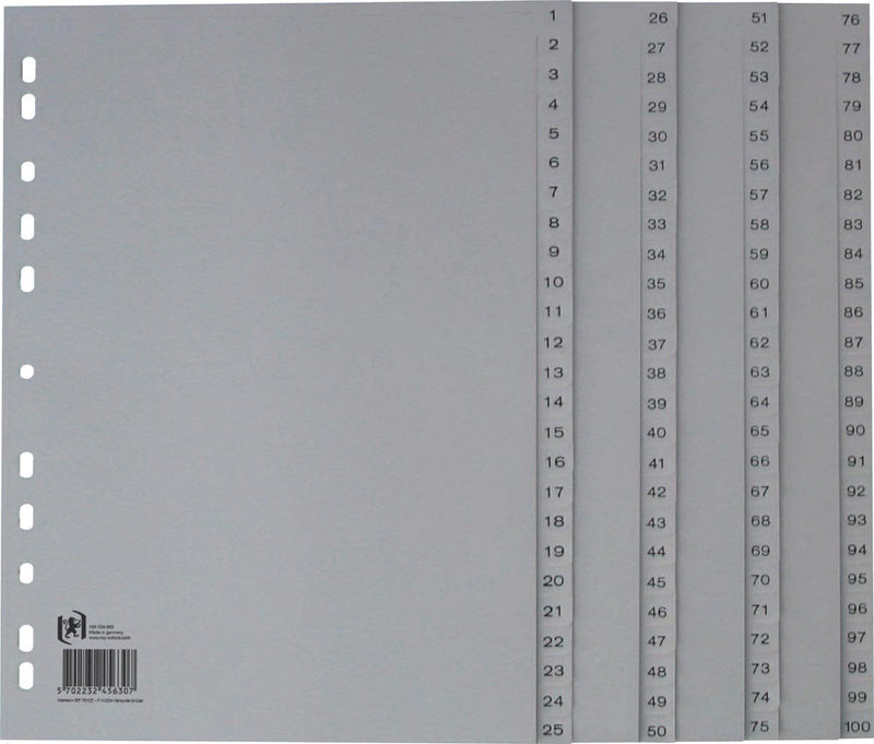 Oxford-Tabs, A4, aus PP, 11-Loch-Lochung, 100 nummerierte Tabs, grau