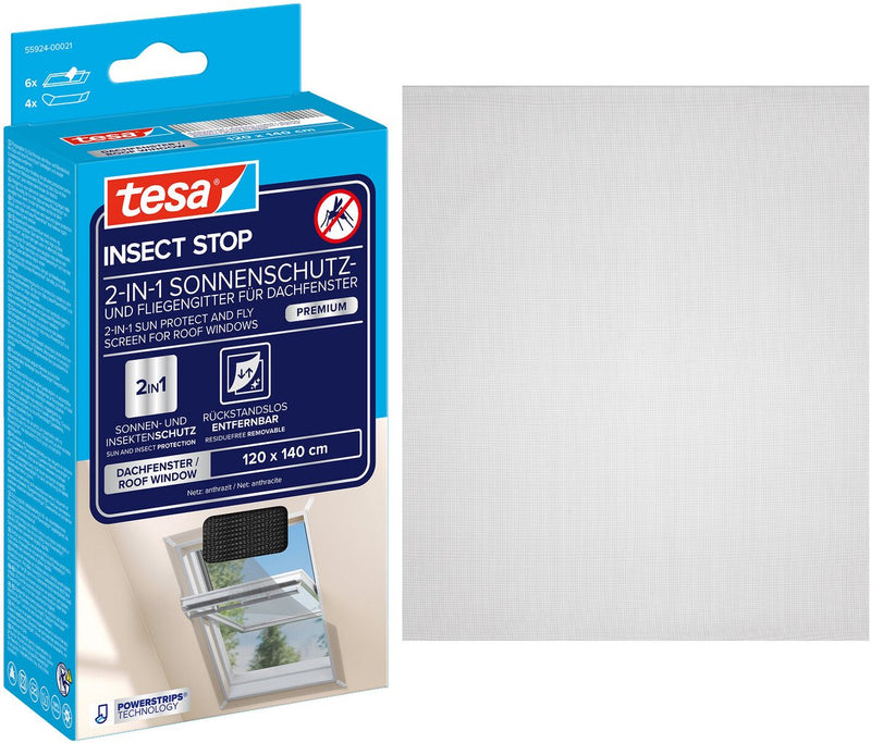 Tesa Insektenschutz 2-in-1 Sonnenschutz und Fliegengitter für Dachfenster Premium – Insektenschutz mit Sonnenschutz für Dachfenster, ohne Bohren, Anthrazit – 120 x 140 cm