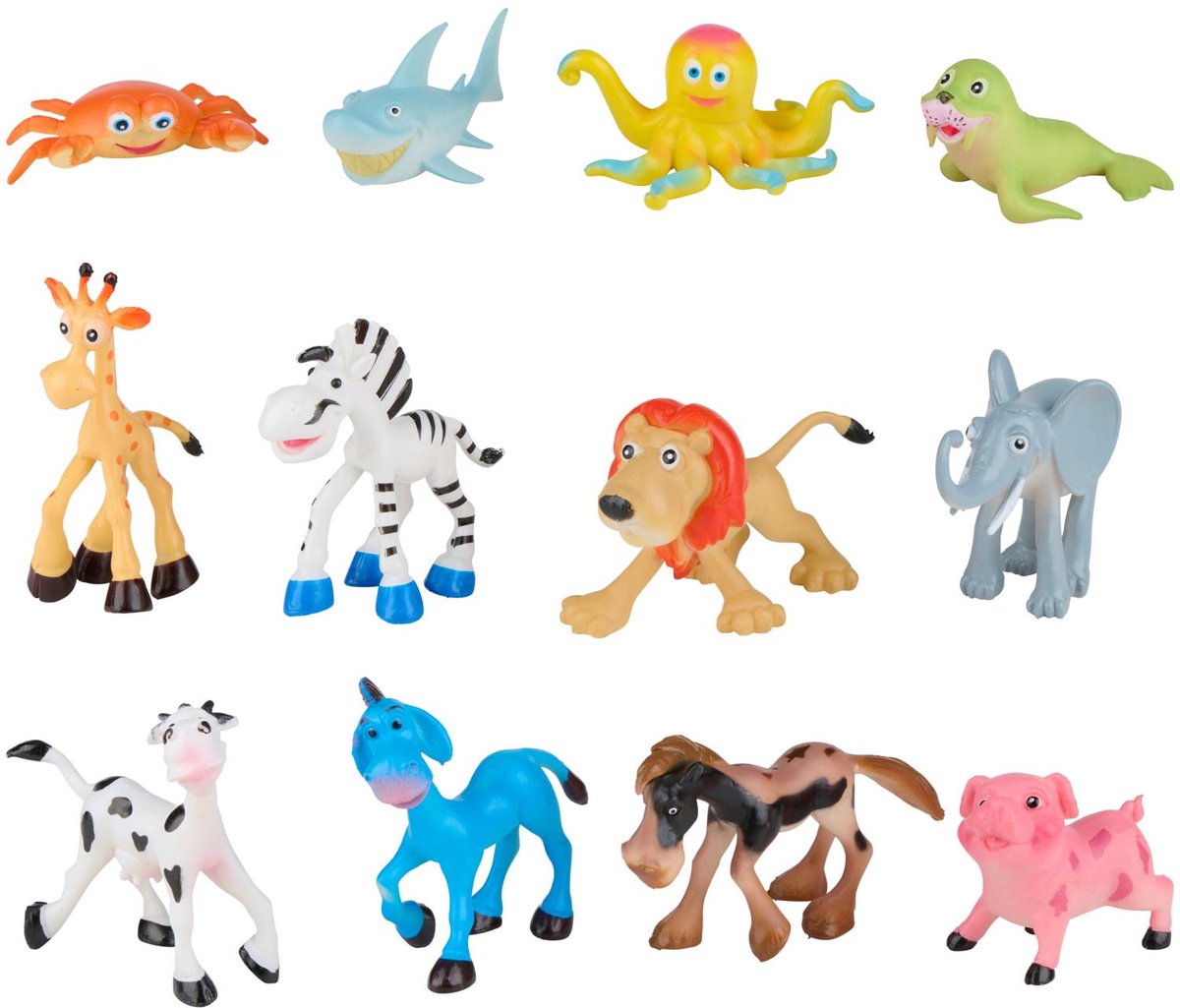 Eddy Toys Tierspielzeug-Set – Cartoon-Tierfiguren für Kinder – Mini-Tiere im Bauernhof-, Dschungel- und Meeres-Thema – Set mit 4 Tierfiguren – Kunststoff – 1 zufälliges Set