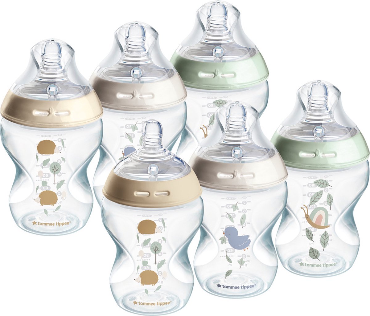 Tommee Tippee Natural Start Babyflaschen, Set mit 6 x 260 ml Babyflaschen – niedrige Fördergeschwindigkeit 0 m+ – dekoriert