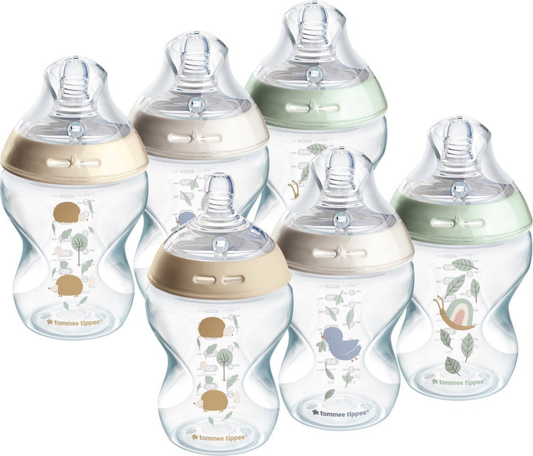 Tommee Tippee Natural Start Babyflaschen, Set mit 6 x 260 ml Babyflaschen – niedrige Fördergeschwindigkeit 0 m+ – dekoriert