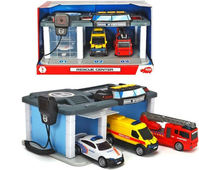 Dickie Toys SOS – Rettungszentrum belgischer Rettungsdienst – Polizei – Feuerwehr – Krankenwagen – ab 3 Jahren – Spielzeuggarage