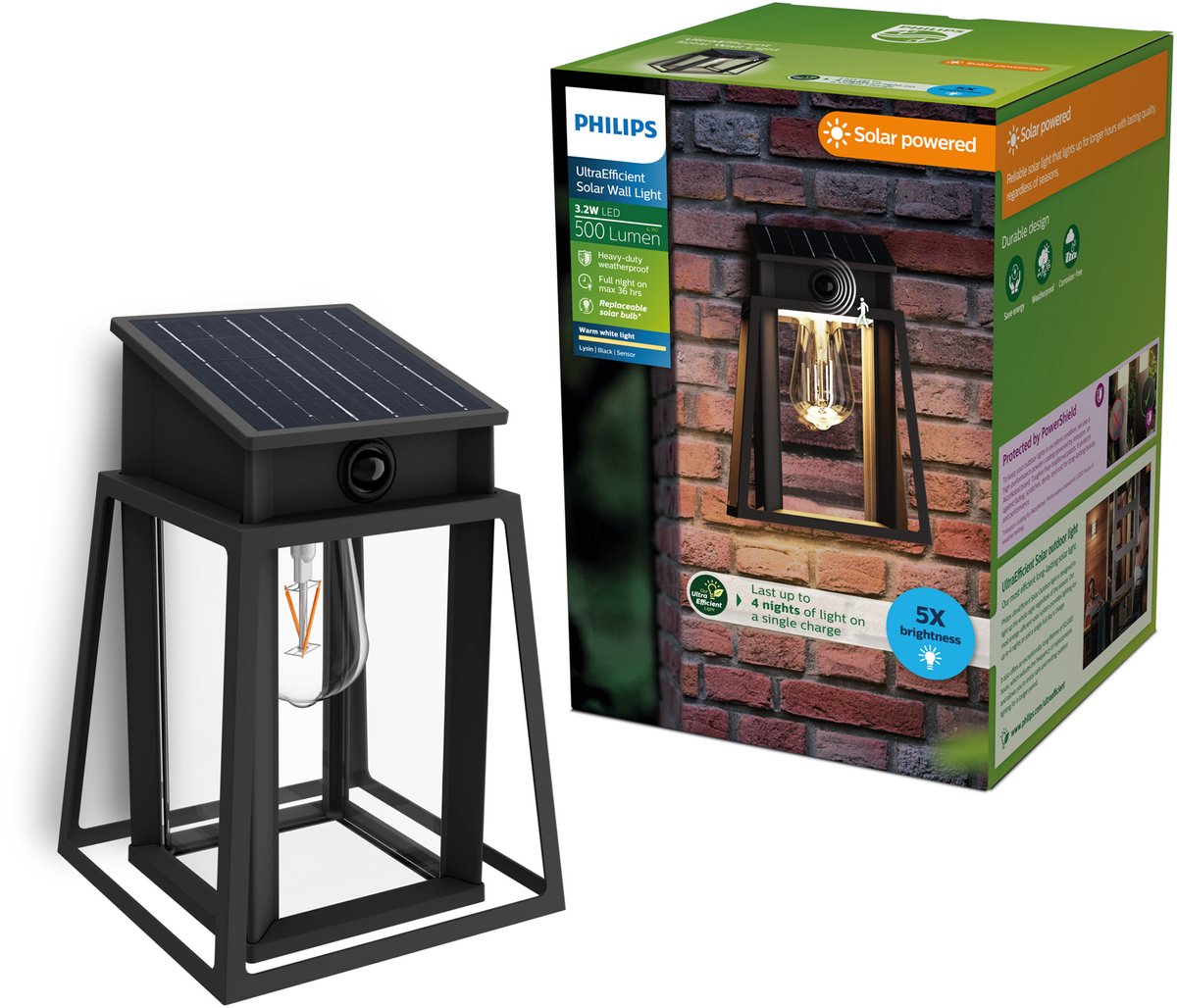Philips LED Philips Lysin Wandleuchte – ultraeffiziente LED – Solar-Außenleuchte – warmweißes Licht 2700 K – Schwarz – rechteckiges Design – Bewegungssensor – Solarenergie – Dämmerungssensor
