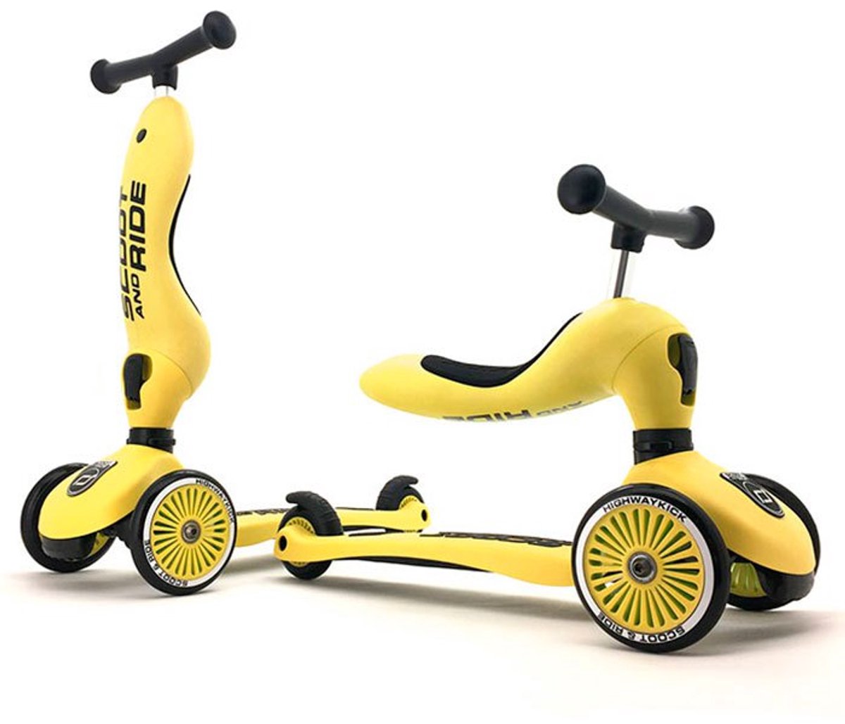 Scoot Ride Highwaykick 1 – 2-in-1 Kinderroller – Laufrad und Roller in einem – ohne Werkzeug verstellbar – Zitrone