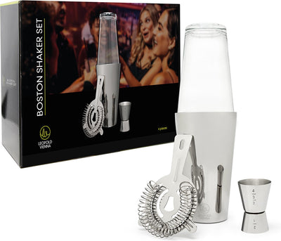 Leopold Vienna - Cocktail-Set Boston Edelstahl (Cocktail-Shake-Becher, Sieb, Jigger-Pipette) Geschenk-Geschenkset