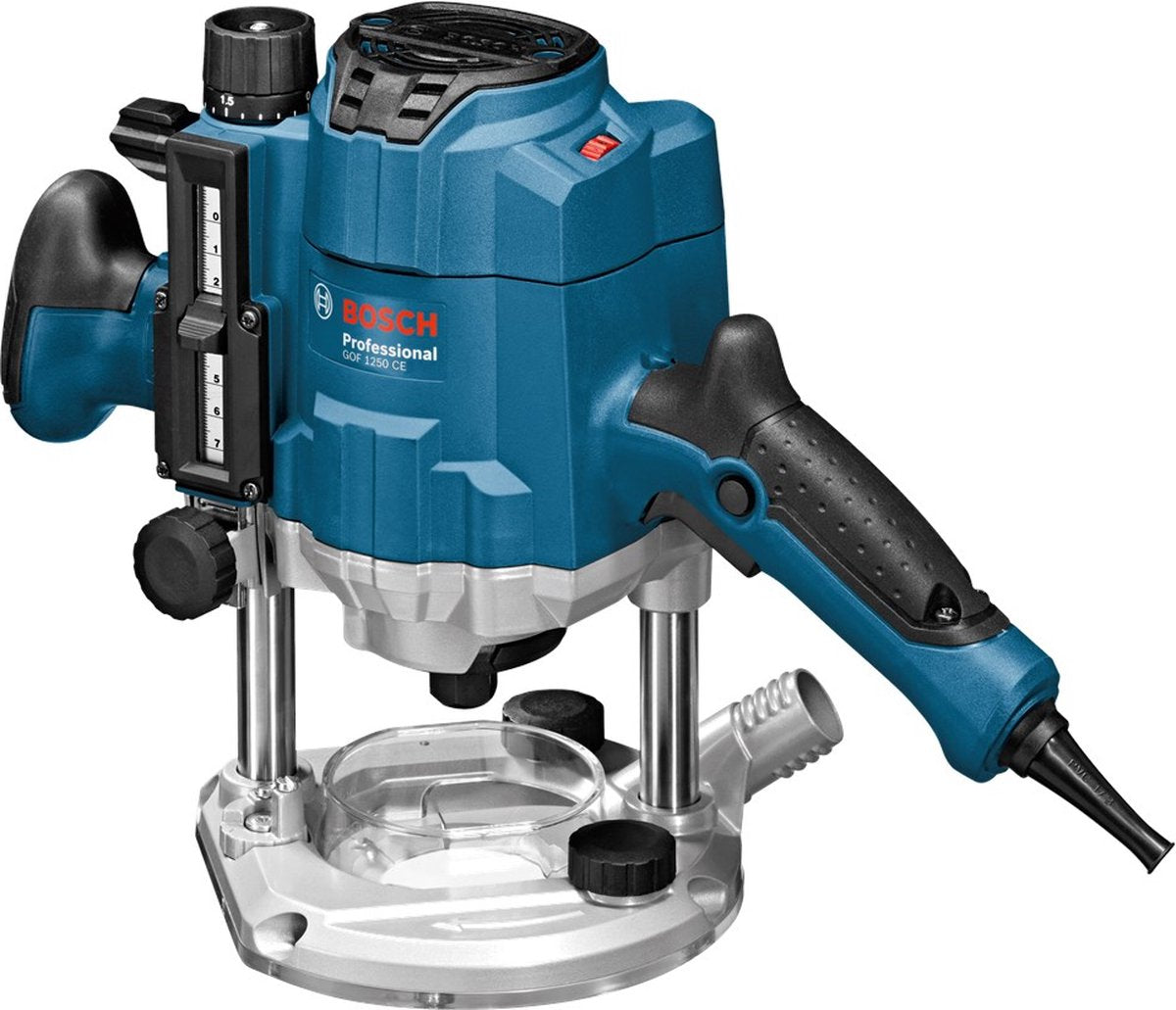 Bosch Oberfräse GOF 1250 CE (19-mm-Schlüssel, Zentrierstift 8 mm, 17-mm-Kopierhülse, Parallelanschlag, SDS-Kopierhülse)