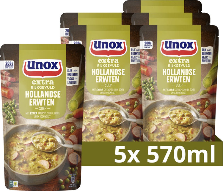 Unox extra reichhaltige Suppe im Beutel – Holländische Erbsensuppe – 5 x 570 ml – Vorteilspackung