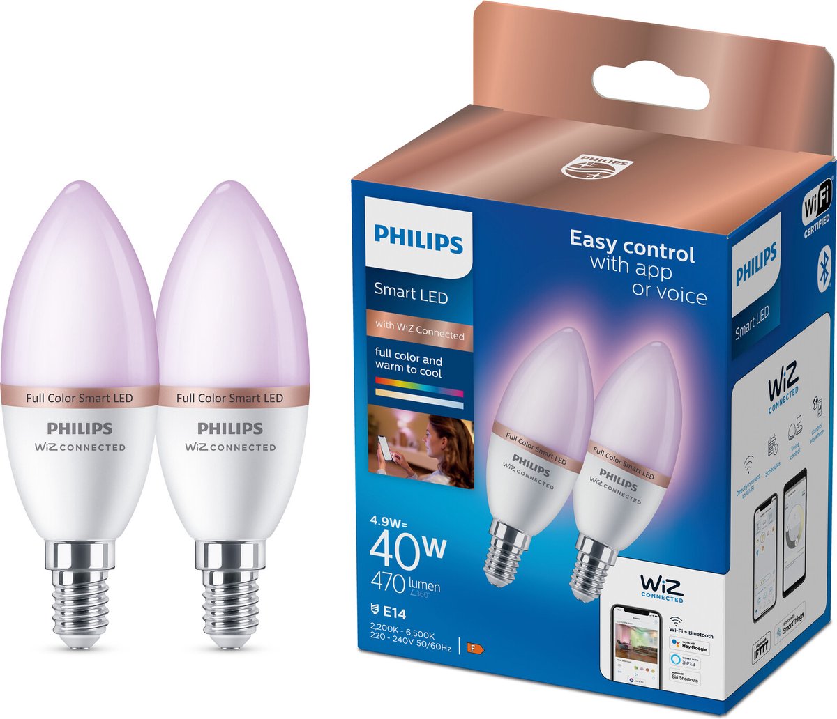 Philips Beleuchtung Philips Smart Lighting – Kerzenlampe 2er-Pack – Intelligente LED-Beleuchtung – farbiges und weißes Licht – E14 – 40 W – matt – WLAN