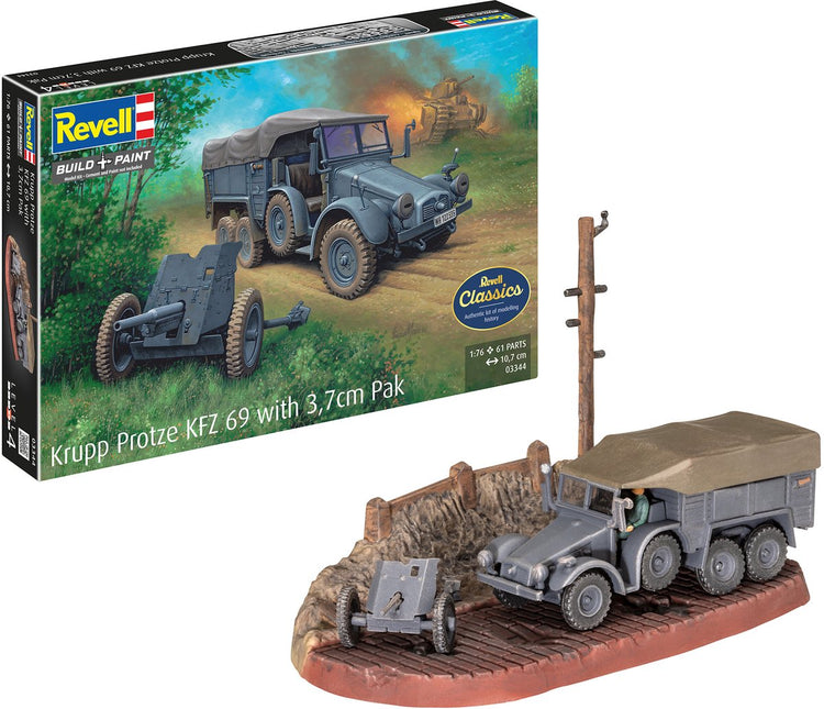 Revell Modellbausatz Militärfahrzeuge – 03344 Krupp Protze KFZ 69 mit 3,7 cm Anzug aus Kunststoff – 1:76 – Modellbau