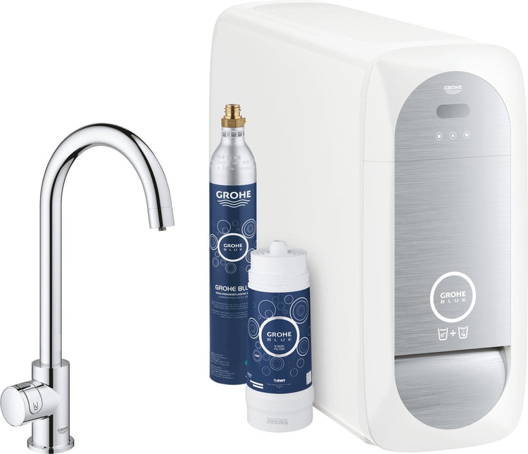 Grohe Blue Home Mono-Küchenarmatur – mit Bluetooth und WLAN – Starter-Set – C-Auslauf – Chrom – für gereinigtes, gekühltes und sprudelndes Wasser