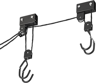 Proplus Fahrradlift - XL - Aufhängesystem für Fahrrad, Leiter und Dachbox - mit Umlenkrollen - bis 57 kg - Deckenmontage - Haken mit Gummierung - auch für Kajaks und Leitern - Schwarz