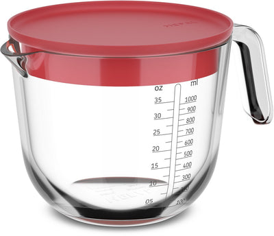Mepal Glas-Messbecher mit Deckel Chef It – 1 l – Größenangabe – Spülmaschine –. Mikrowellen- und ofenfest – Backutensilien – Koralle
