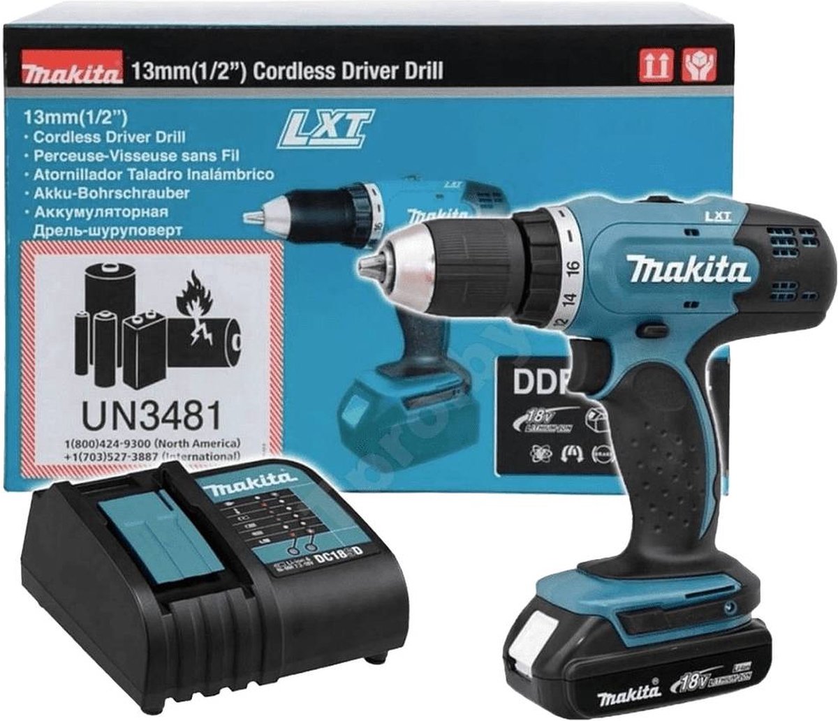 Makita-Werkzeuge – 18-V-Akku-Bohrschrauber, 1x Akku 1,5 Ah Li-Ion, Ladegerät ddf453syx5