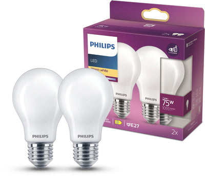 Philips LED-Lampe – Standardlampenform mit E27-Fassung – warmweißes Licht: 2700 K – 75 W – Milchglas – 2er-Pack