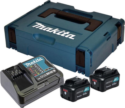 Makita-Zubehör-Stromquellen-Set: DC10SB-Ladegerät + 2 x BL1041B 12 V max. (10,8 V) Li-Ionen-Schiebeakku – 4,0 Ah – 197641-2