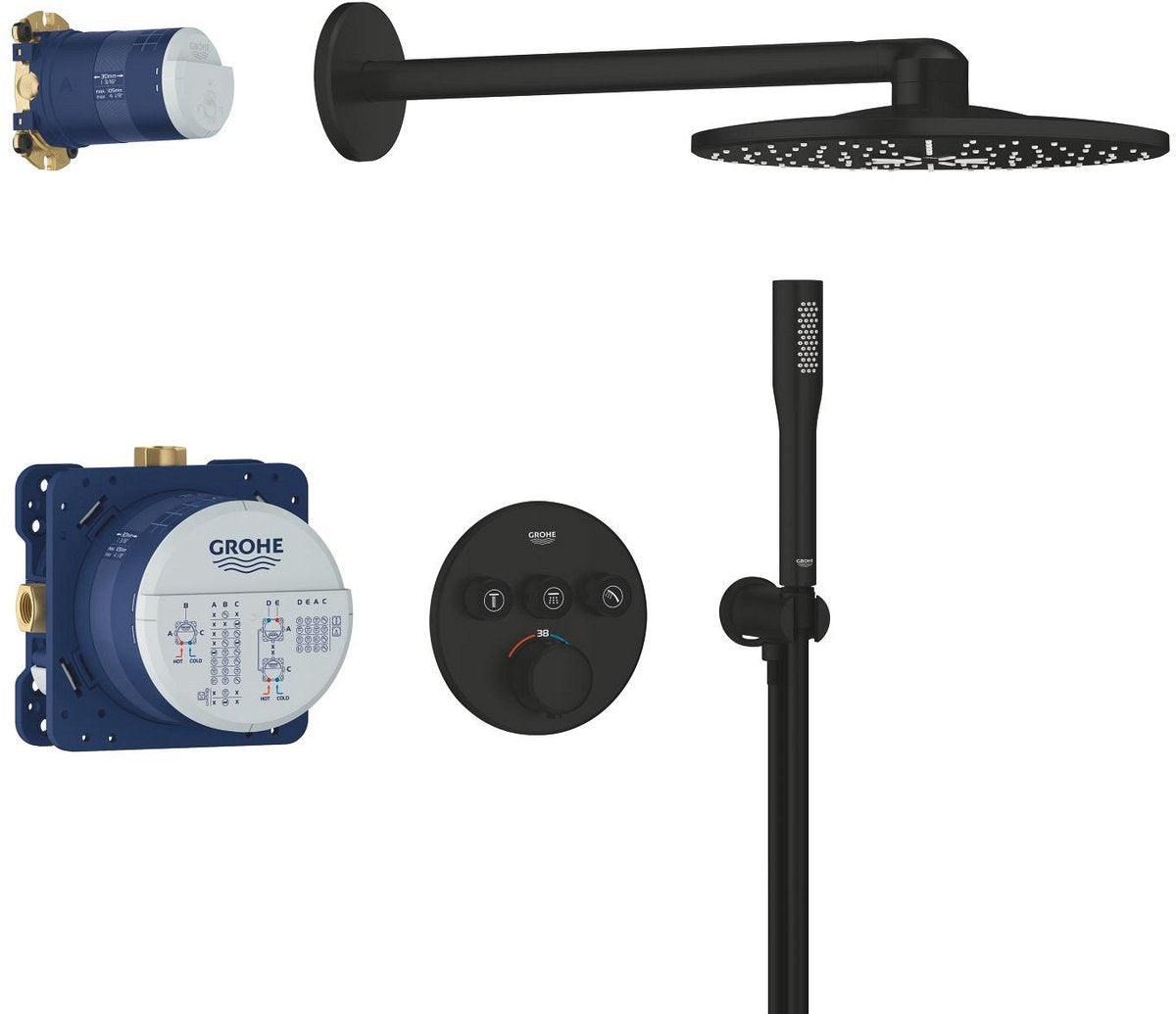 Grohe Präzisions-Smartcontrol-Einbaubrause – mit Thermostatarmatur – Vitalio Smartactive 310 Kopfbrause (2 Strahlarten) Vitalio Get Stabhandbrause (1 Strahlart) – rundes Design – mattschwarz