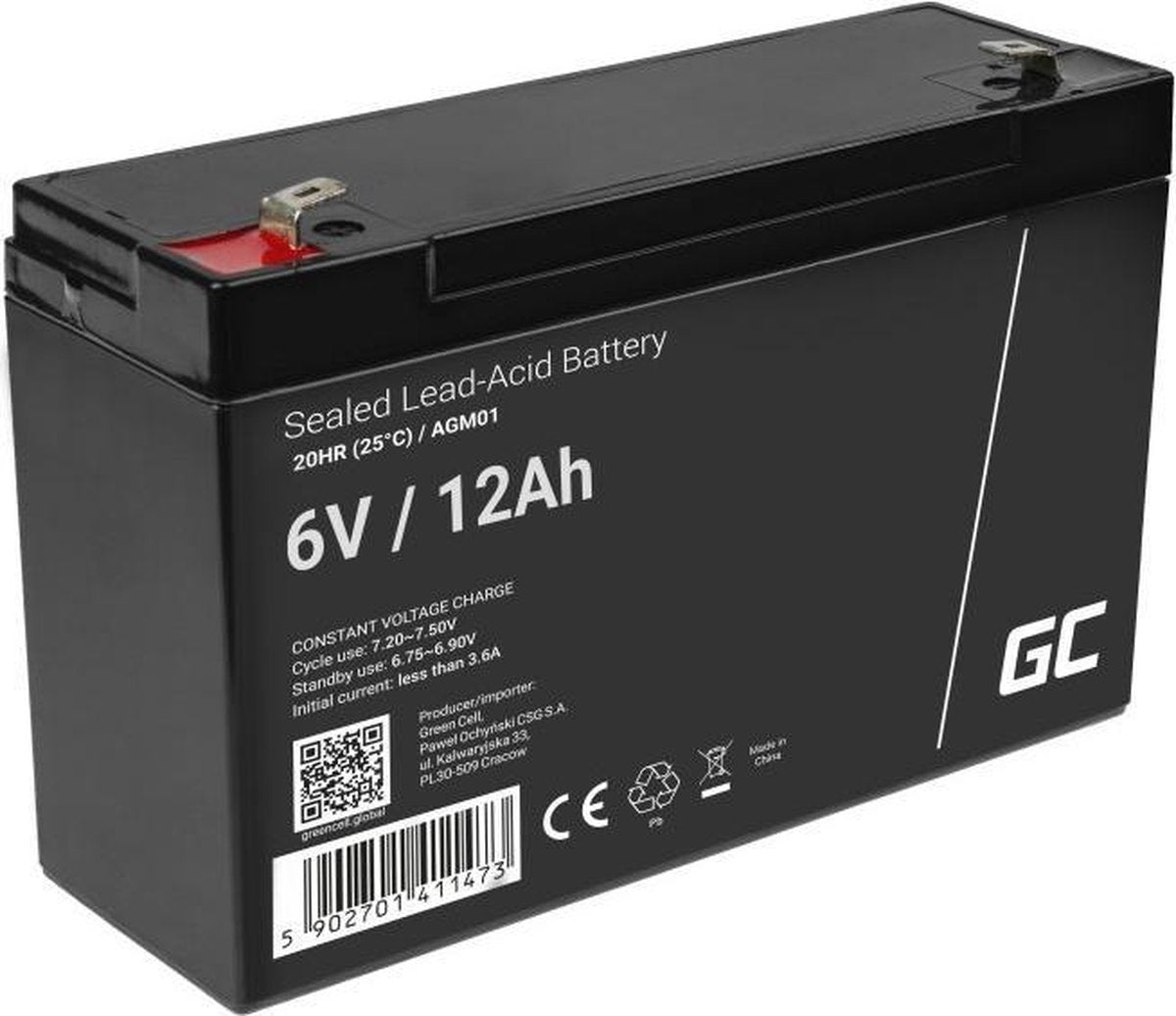 Green Cell 6 V 12 Ah (4,6 mm) 12000 mAh Vrla AGM-Batterie