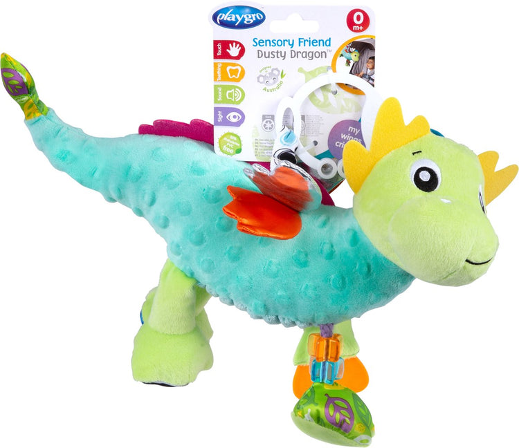 Playgro Plüschspielzeug für sensorische Aktivitäten Dusty der Drache – Babyspielzeug – Spielzeug 1 Jahr – Hängespielzeug