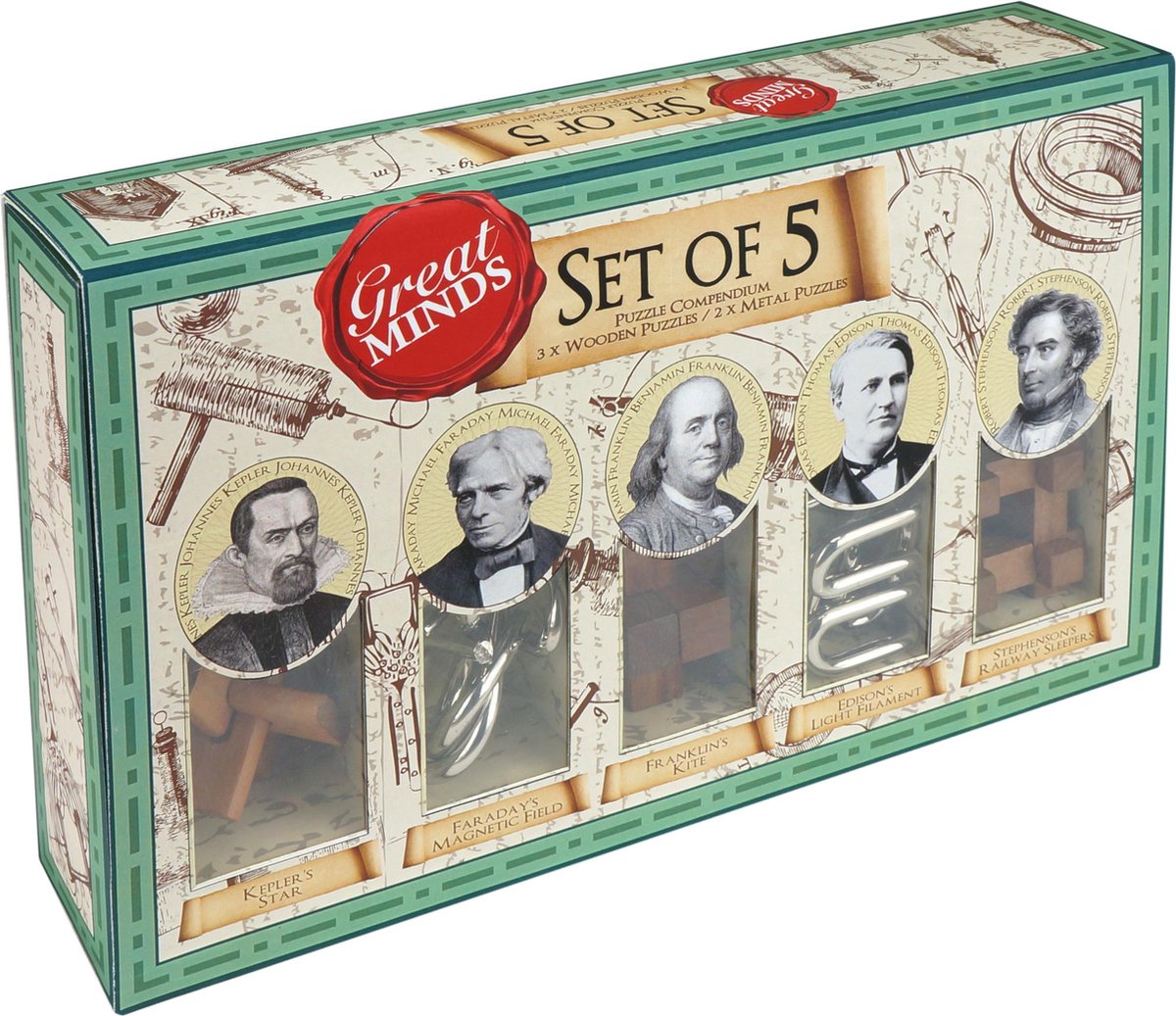 Professor Puzzle Asmodee Puzzleset – Great Minds 5-teilige Denkaufgabe aus Holz und Metall.