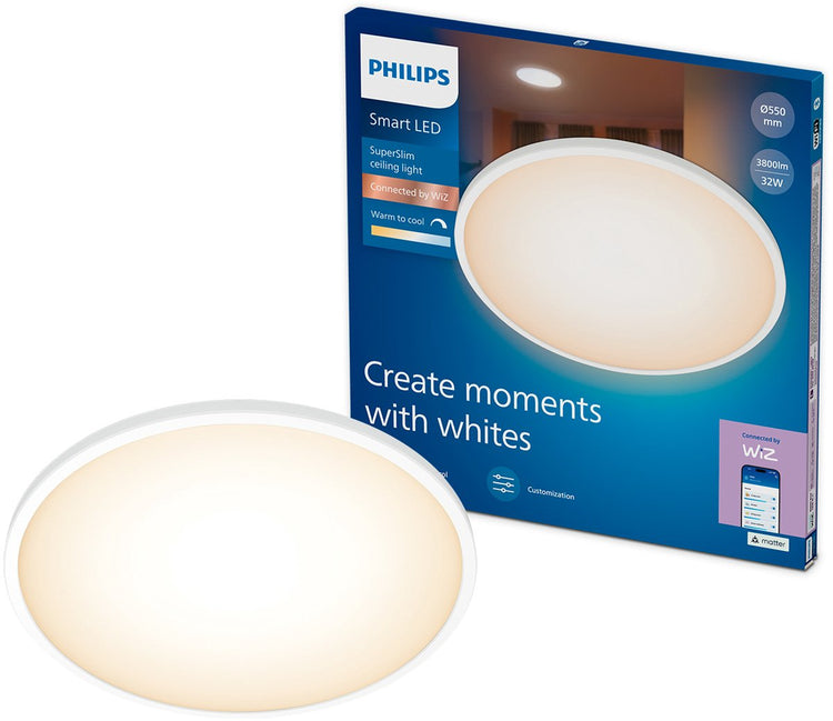Philips Lighting Philips Smart Lighting – superschlanke Deckenleuchte – warmes bis kühles weißes Licht – dimmbar – Durchmesser: 55 cm – weiß – 32 W – rund – funktioniert mit der Wiz-App – WLAN