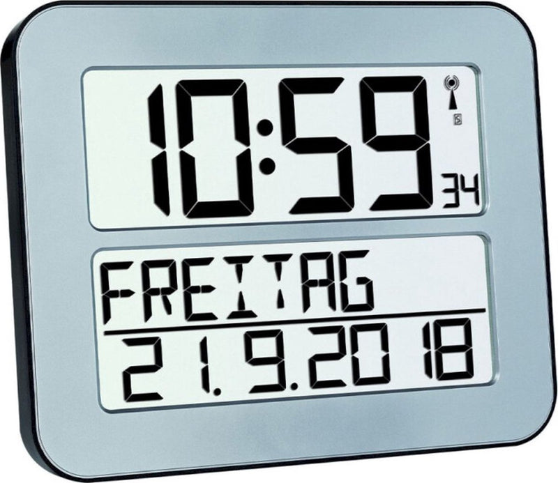 Tfa Dostmann 60.4512.54 – Uhr – digital – funkgesteuert – 7 Sprachen – zweite Zeit – Alarm – Schlummerfunktion – LCD – silberfarben