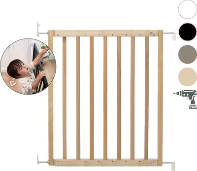 Geuther Treppenschutzgitter – Schutzgitter Maya – ausziehbares Treppenschutzgitter aus Holz – Schraubtor mit Bohrern – Schutzgitter mit Wandmontage – Öko – von 63,5 bis 105,5 cm