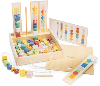 Woet® Holzperlen-Sequenzspiel – Sortier- und Aufreihspiel mit Aufgabenkarten in Aufbewahrungsbox – pädagogisches Montessori-Spielzeug – FSC – ab 3 Jahren