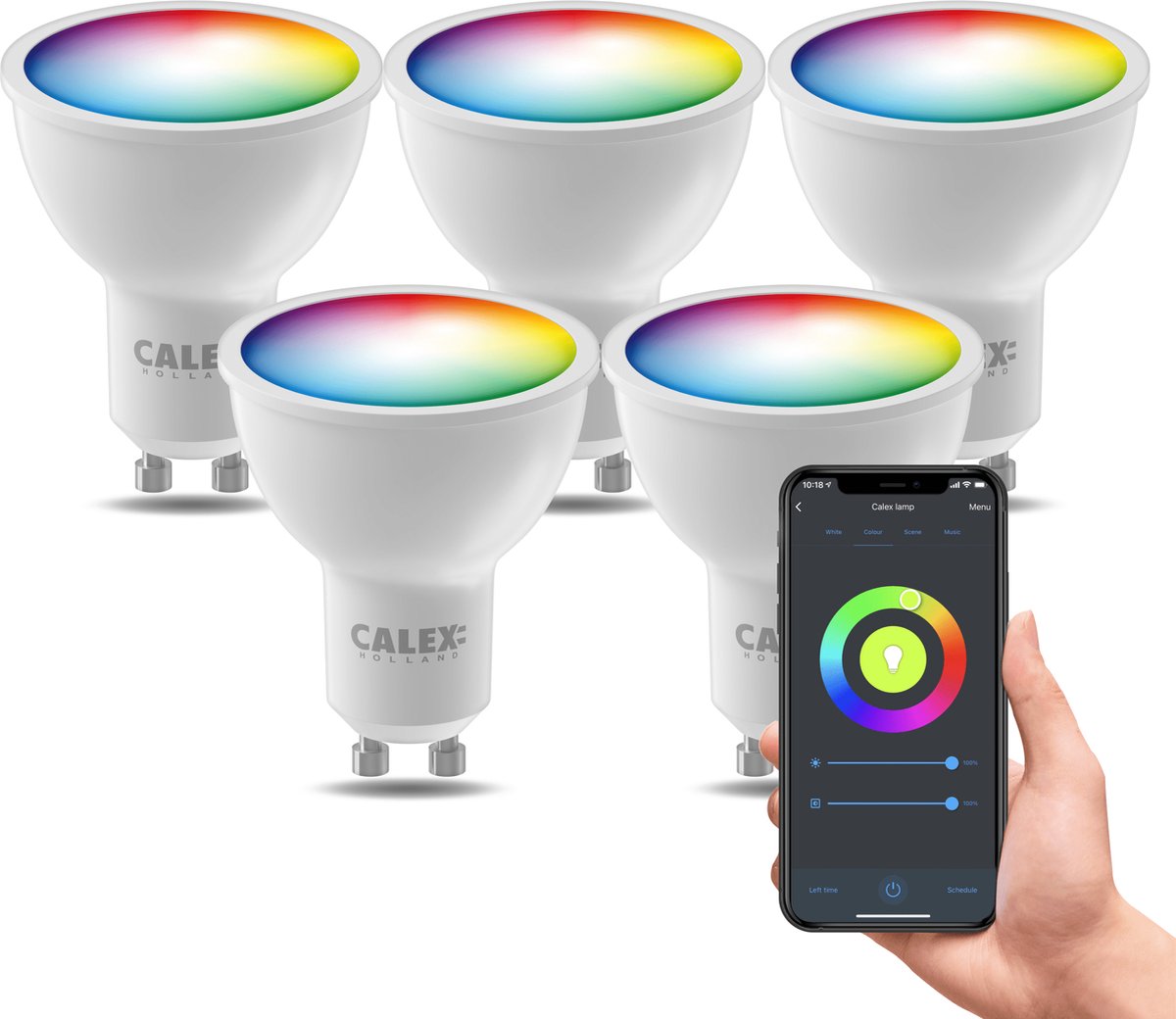 Calex Smart-Lampe – Farblampen-Set mit 5 Stück – WLAN-LED-Beleuchtung – GU10 – Smart-Lampe – dimmbar – RGB und Warmweiß – 4,9 W