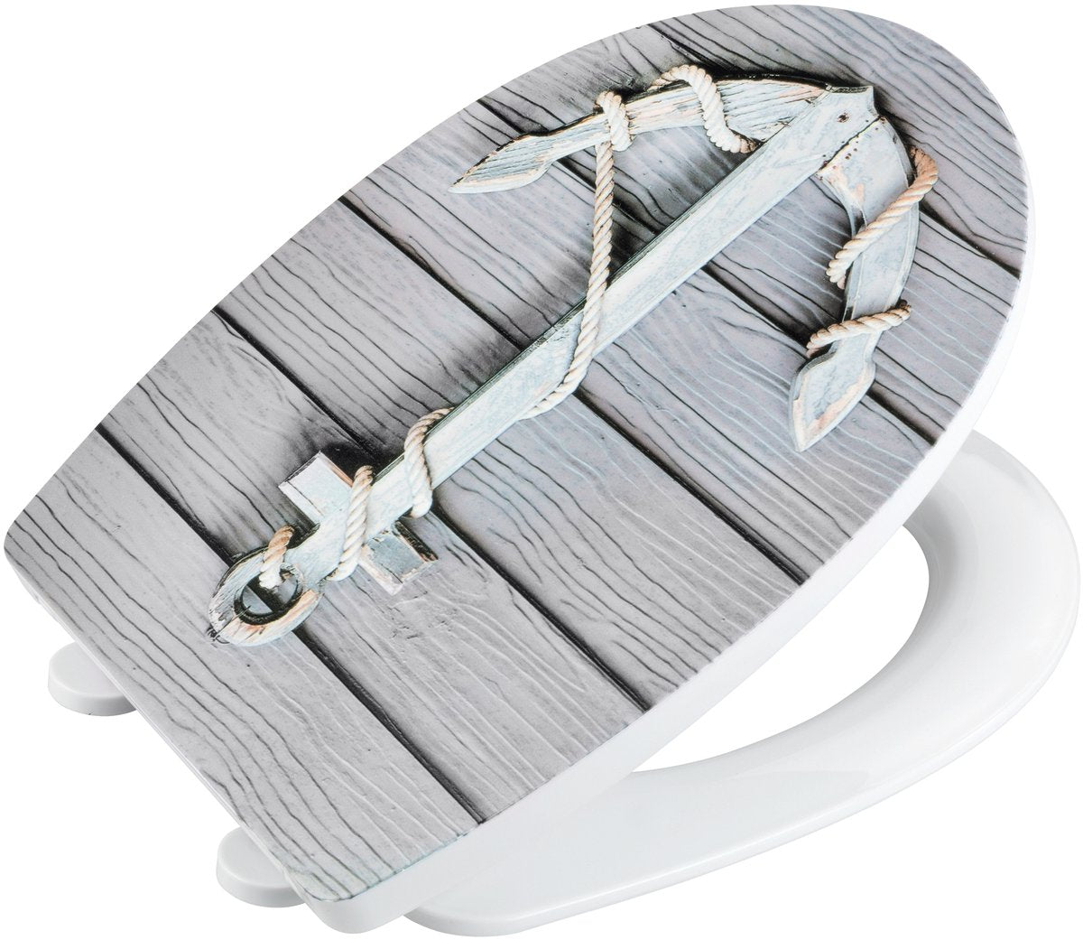 WENKO WC-Sitzseil – Thermoplast mit Strukturdruck – Easy-Close-Soft-Close-Verschluss – abklinkbare Fix-Clip-Befestigung aus Edelstahl – Belastbarkeit bis 350 kg – WC-Sitz-Dekor mit Struktur – WC-Sitz mit Aufdruck