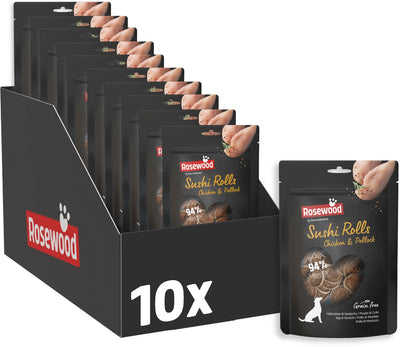 Rosewood Sushi-Rollen Huhn Seelachs – Hundesnack – weicher Verwöhnsnack mit Hühnerfisch – getreidefrei – ohne künstliche Zusätze – 10 Beutel à 100 g