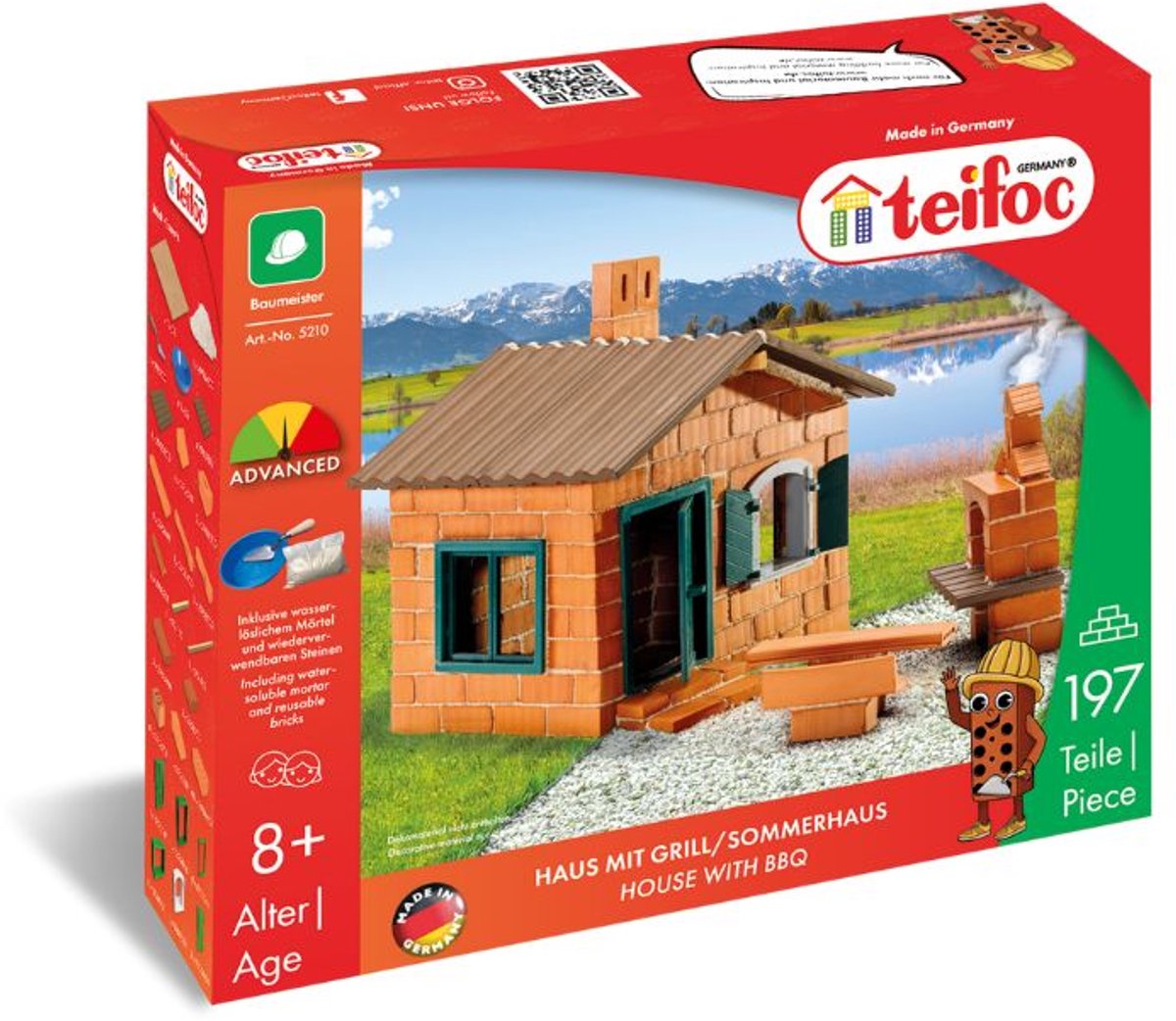 Teifoc® Bausatz – Haus mit Grill – 197 Teile – echte Mini-Steine mit Zement, Schüssel und Kelle – Bausatz für Kinder ab 6 Jahren