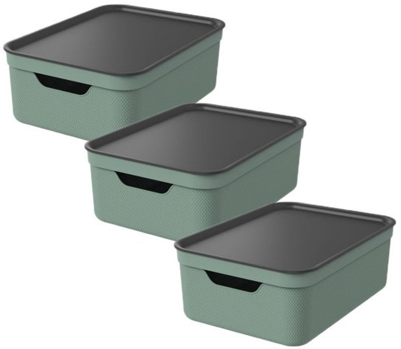 Rotho Jive Aufbewahrungsboxen 3er Set Aufbewahrungsboxen 10 l mit Deckel, Kunststoff (PP recycelt), grün anthrazit, 3 x 10 l, 36,5x26,5x13cm