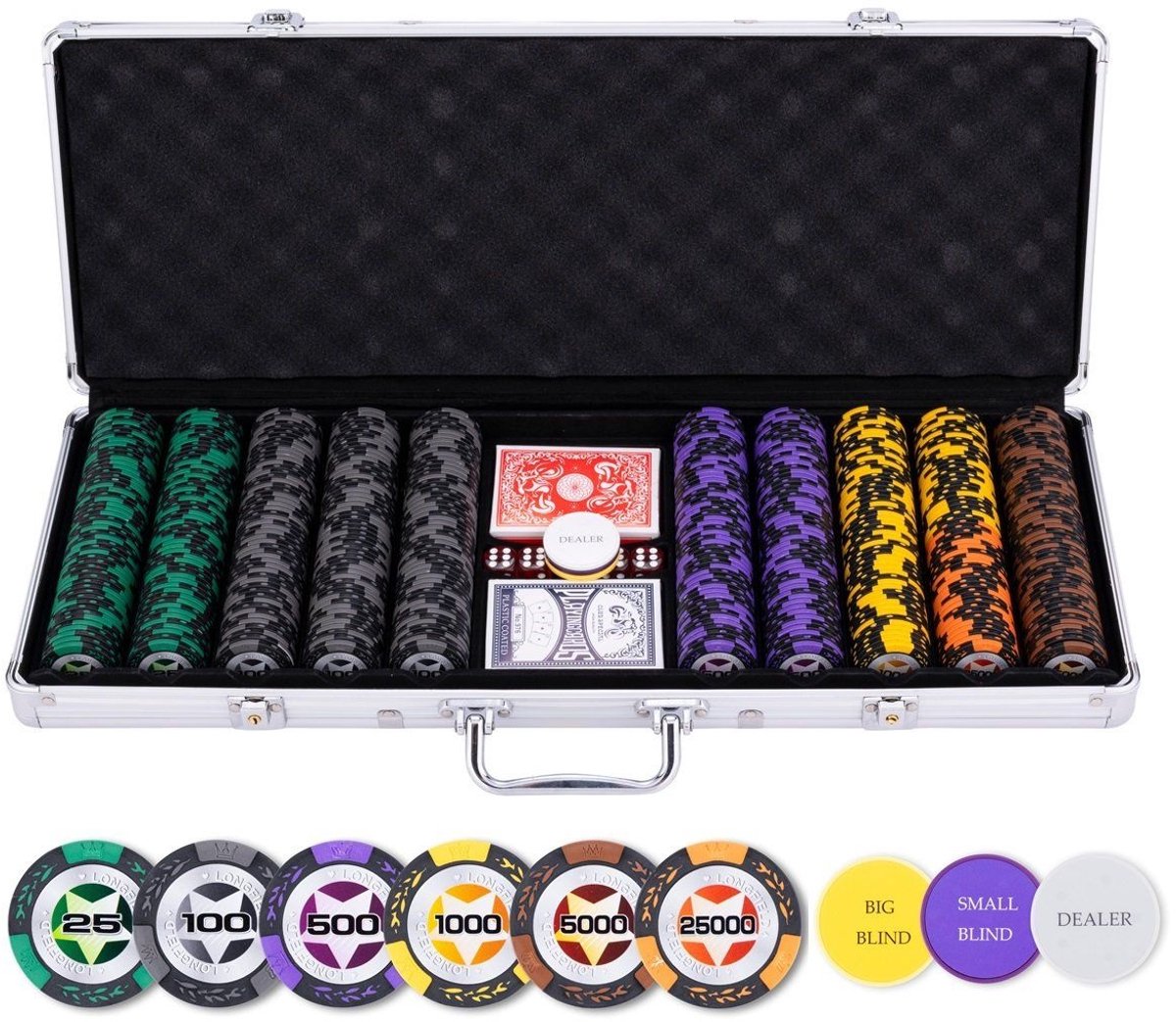 Pokerset im Silberetui - hoher Einsatz 500 Chips 14gr.