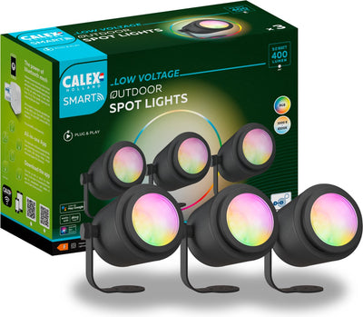 Calex intelligente 24-V-Gartenbeleuchtung für den Außenbereich – Set mit 3 intelligenten Bodenstrahlern – RGB und warmweißes Licht – Schwarz