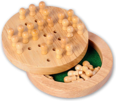 Engelhart Solitaire Mini – Gummiholz – mit Deckel – Reisegröße ø 12 cm – Solitär-Brettspiel aus Holz – kompaktes Denkspiel für unterwegs –