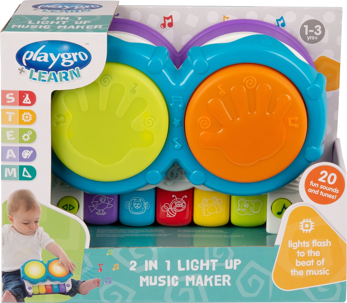 Playgro 2-in-1-Musikmacher mit Ton und Licht – Djembee – Babyspielzeug-Musikinstrument – Babyspielzeug – Musikinstrument für Baby – interaktives Babyspielzeug – Lernspielzeug – Mutterschaftsgeschenk – Spielzeug mit Licht und Ton