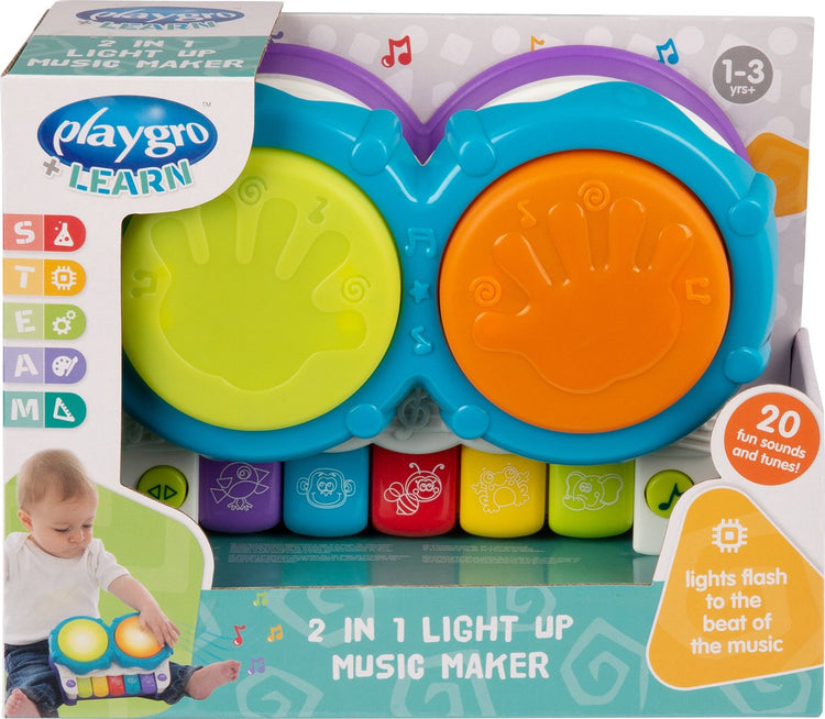Playgro 2-in-1-Musikmacher mit Ton und Licht – Djembee – Babyspielzeug-Musikinstrument – Babyspielzeug – Musikinstrument für Baby – interaktives Babyspielzeug – Lernspielzeug – Mutterschaftsgeschenk – Spielzeug mit Licht und Ton