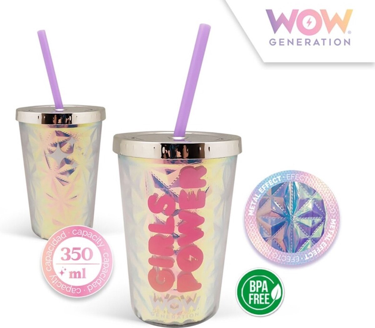 Wow Generation Diamant-Trinkbecher mit Strohhalm – Metalleffekt – Becher für Mädchen – 350 ml.