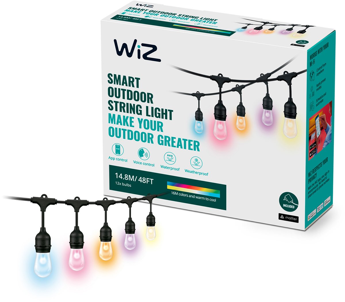 Wiz-Außenlampe – Lichtkabel – farbiges und weißes Licht – intelligente LED-Beleuchtung – WLAN – Gartenbeleuchtung