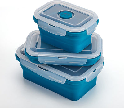 Muitomas Lunchbox-Set – 3-teilig – Silikon – faltbar – mit Deckel – mikrowellen-, spülmaschinen- und gefriergeeignet – blau